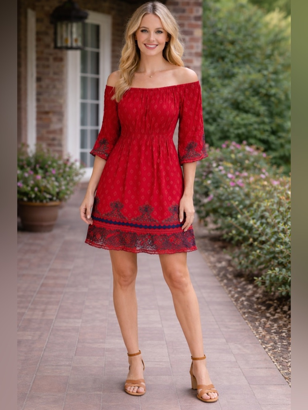Lapogee Boho Off-Shoulder Red Mini Dress with Embroidered Details